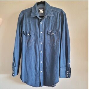 Wrangler Mens Western Medium Wash Denim Pearl Snap Shirt Blue Raw Hem Cowboy Cut